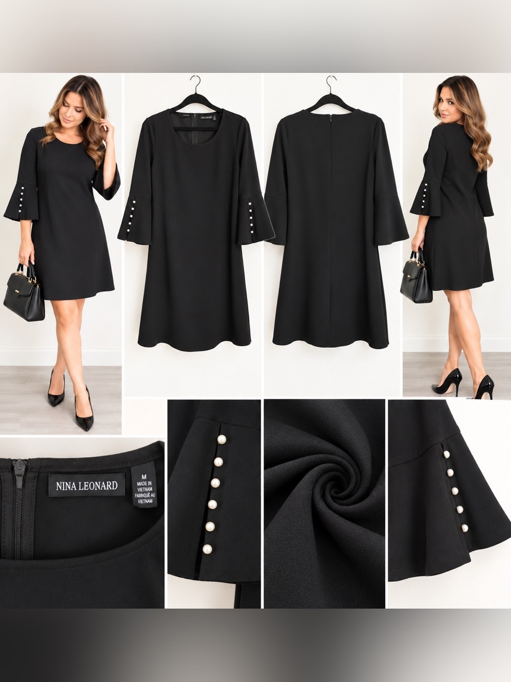 Nina Leonard Black A-Line Dress with Pearl-Trim Bell Sleeves